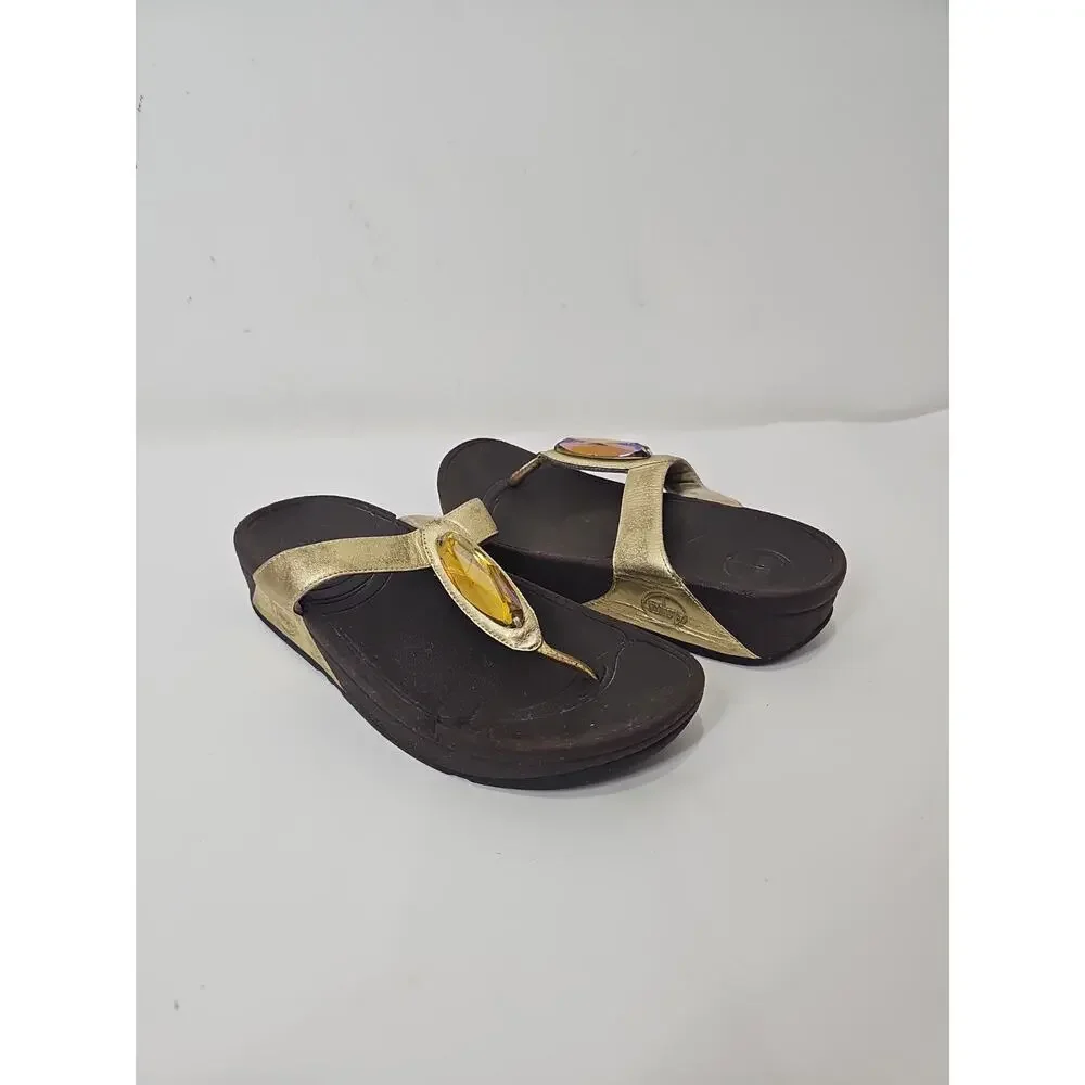 FitFlop Lulu Crystal Embellished Thong Sandals Sz 6 Gold Comfort Flip Flops